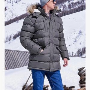 Men's Gray Insulated Puffer Parka with Faux-Fur Hood NWT